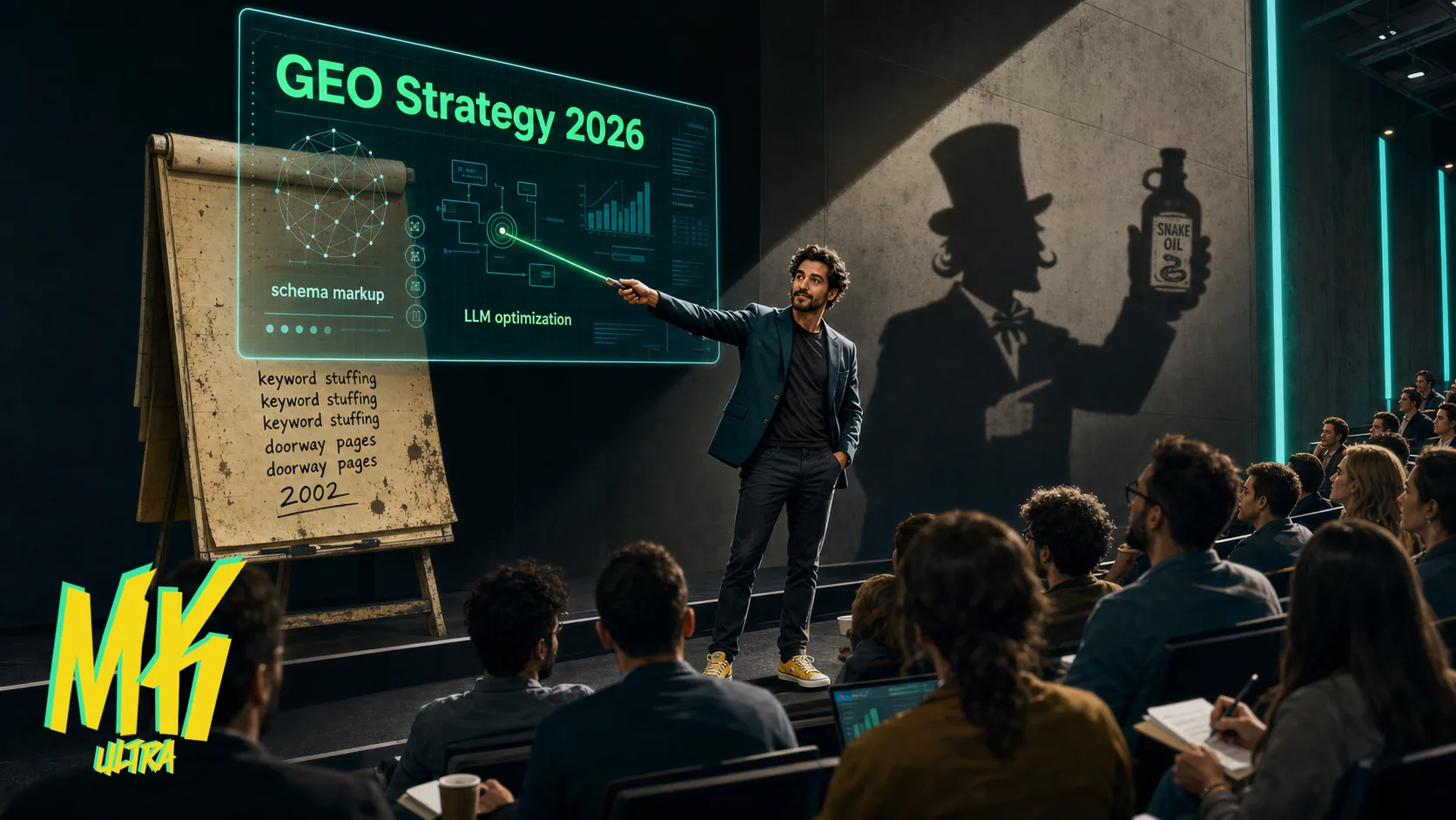 Consultor de marketing presentando una estrategia GEO de 2026 ante una audiencia entregada, mientras a su espalda se revela un cartel idéntico de keyword stuffing del año 2002.
