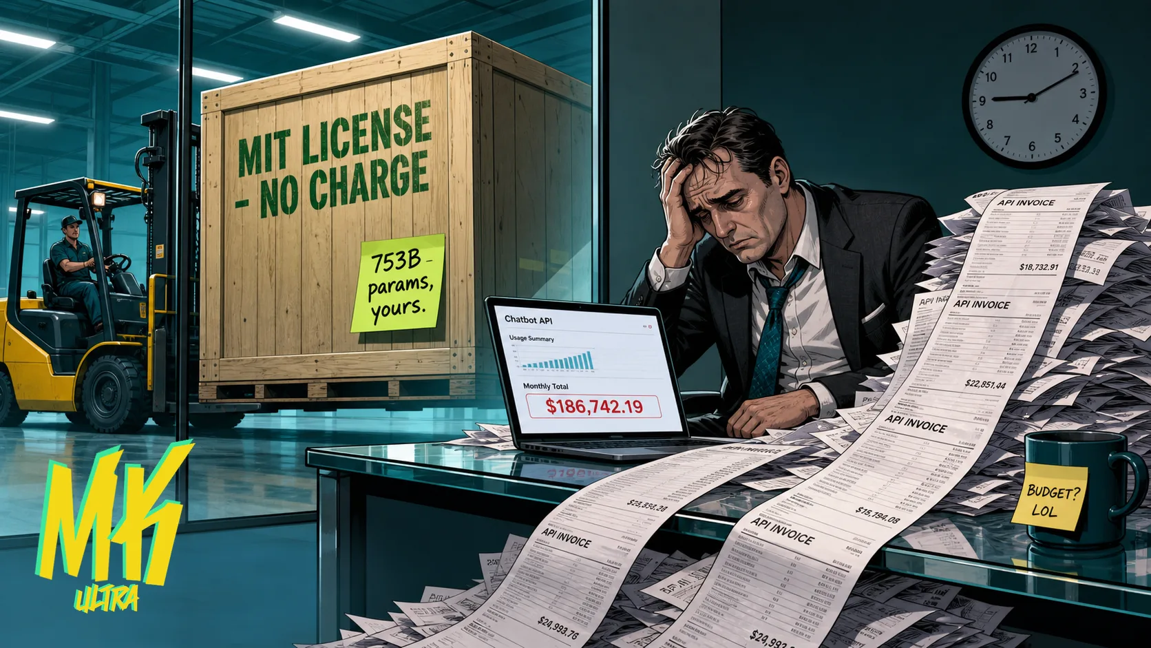 Ejecutivo agobiado bajo una montaña de facturas de API mientras llega al fondo una entrega gratuita etiquetada 'MIT LICENSE — NO CHARGE', sátira visual del coste de la IA propietaria frente al open source.