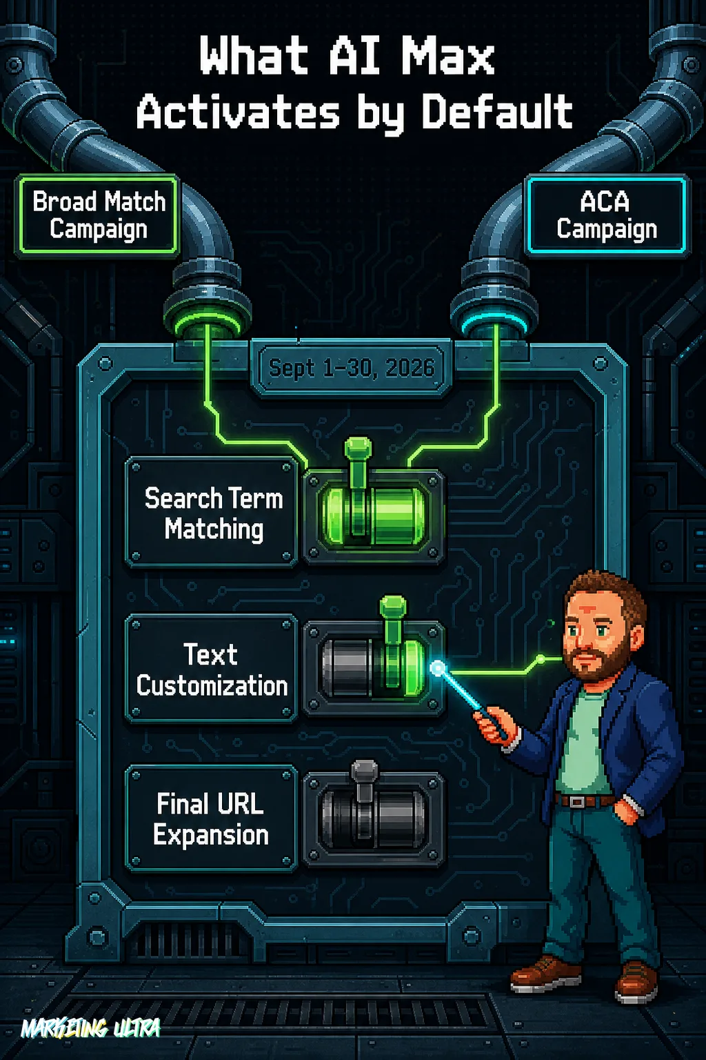Control panel cross-section with three toggles showing which AI Max features activate by default for broad match vs. ACA campaigns