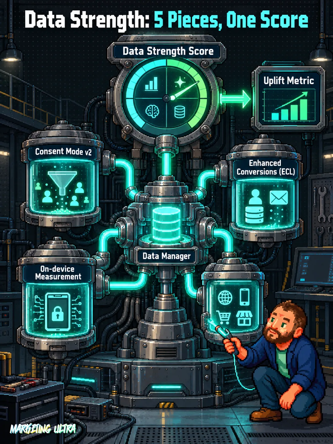 Cross-section of the Data Strength engine with five component chambers feeding a central score gauge via glowing pipes.