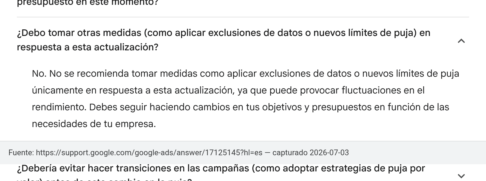 Screenshot of the official Google Ads FAQ advising against applying new bid limits solely in response to the update