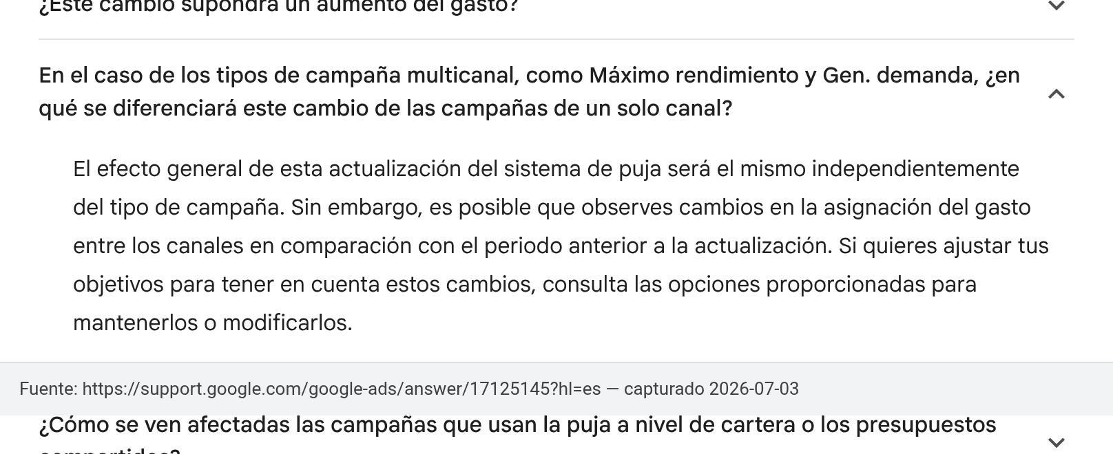Screenshot of the official Google Ads FAQ admitting that spend allocation across channels may change in PMax and Demand Gen