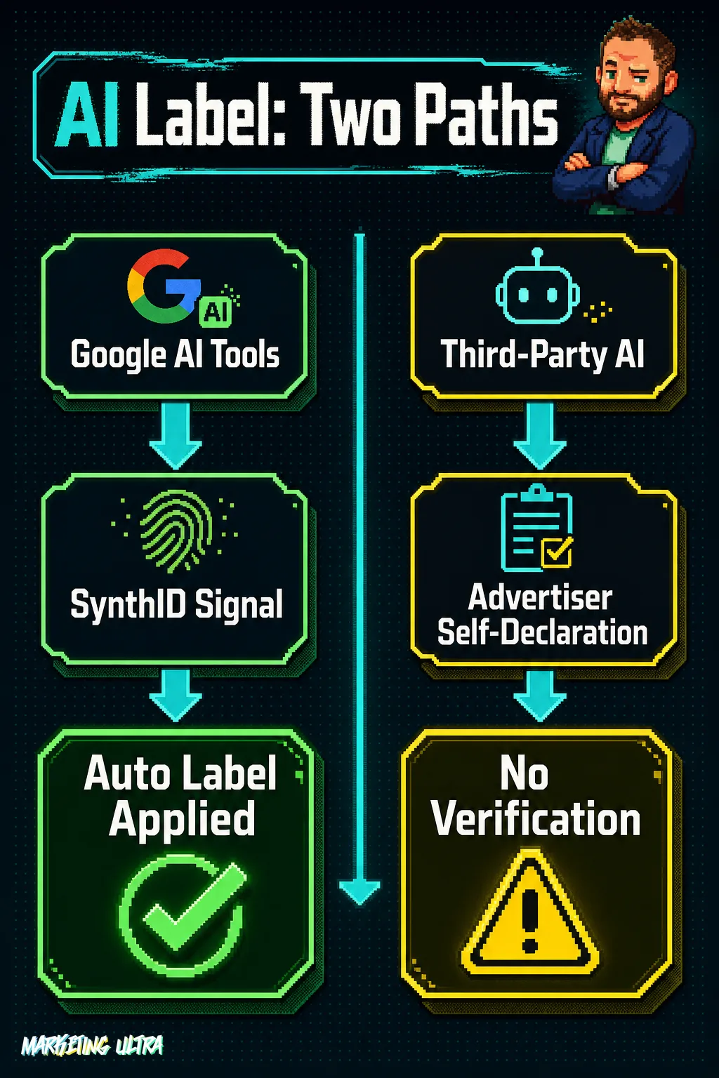 Side-by-side diagram showing two AI labeling paths in Google Ads: automatic detection via SynthID for Google's own tools versus unverified advertiser self-declaration for third-party AI.