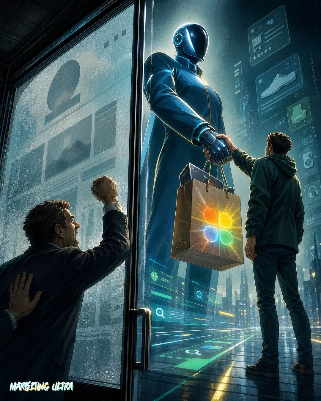 Ilustración editorial: responsable de marca atrapado tras el cristal de su propia web mientras el asistente de Google AI cierra la venta con su cliente y le entrega una bolsa con el producto de la marca sellada con el logo de Google.