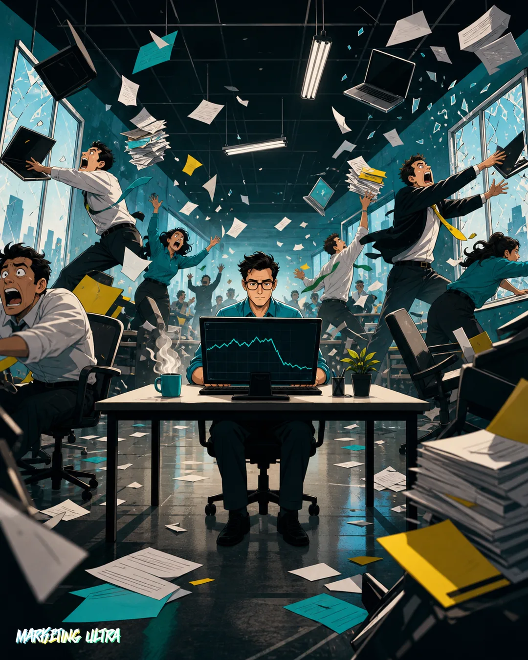 Editorial illustration: a calm analyst sips coffee in front of a clean Search Console dashboard while panicked colleagues sprint past holding fire extinguishers labeled 'EMERGENCY AUDIT' and rewriting meta tags.