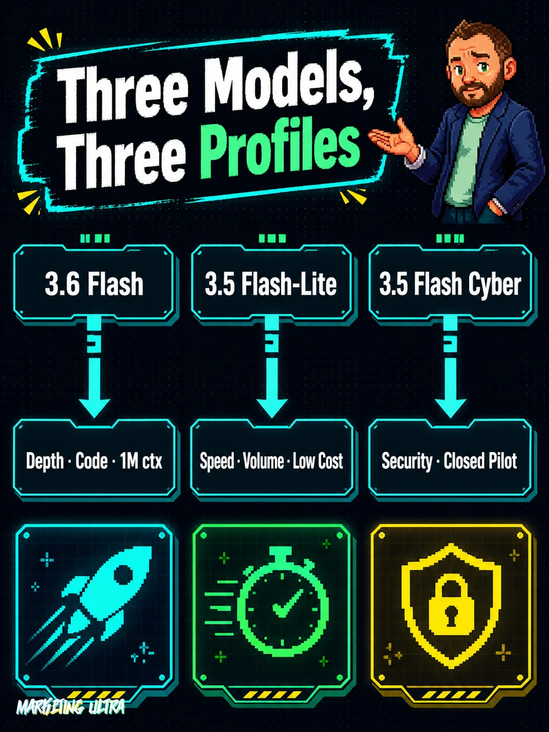 Three-column comparison of Gemini models: 3.6 Flash for depth, code, and 1M-token context; 3.5 Flash-Lite for speed and volume at low cost; 3.5 Flash Cyber for cybersecurity via closed pilot.