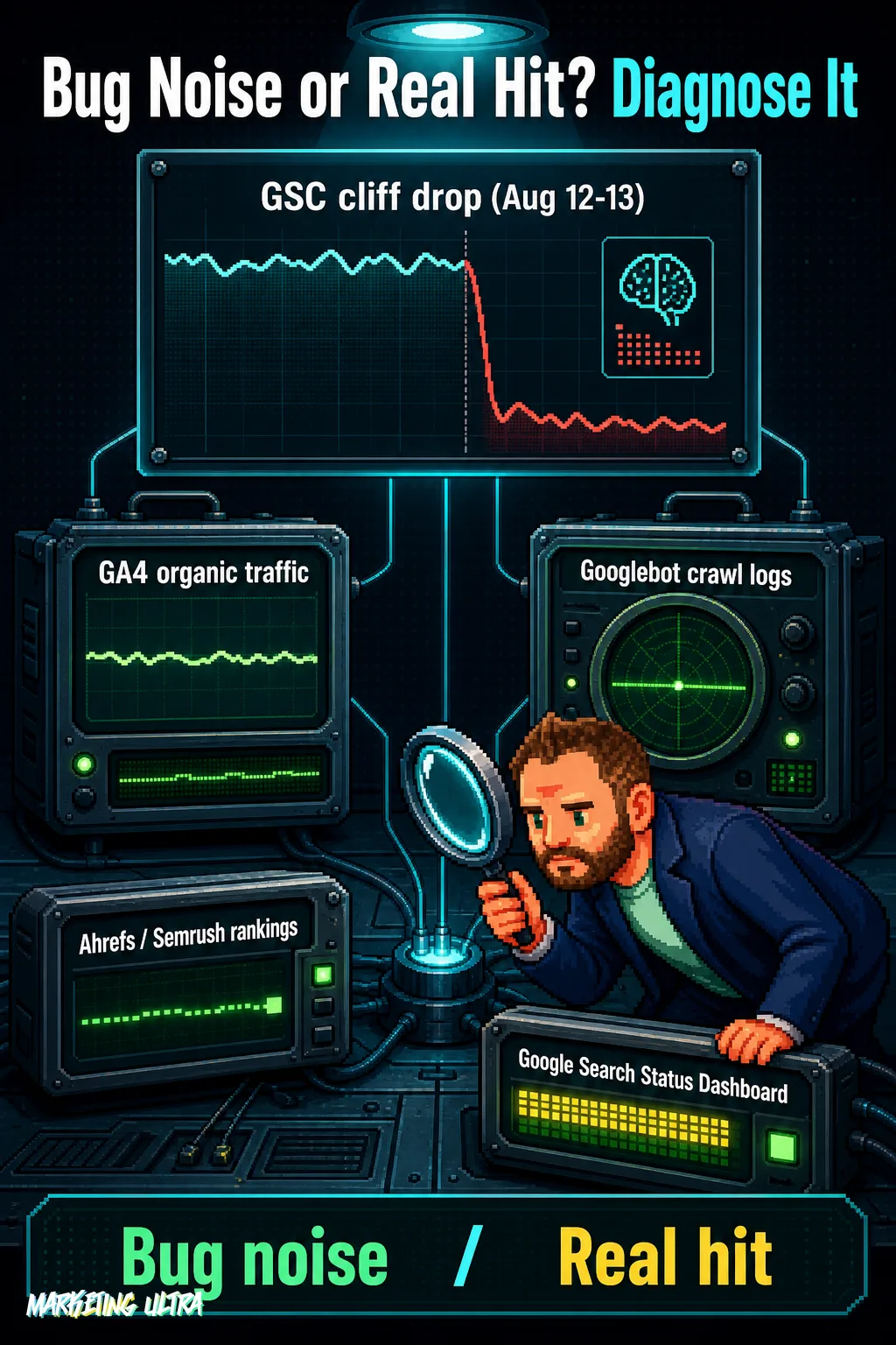 Mascot examines a steep GSC impression-drop chart with a magnifying glass while four surrounding diagnostic panels display calm green stable readings