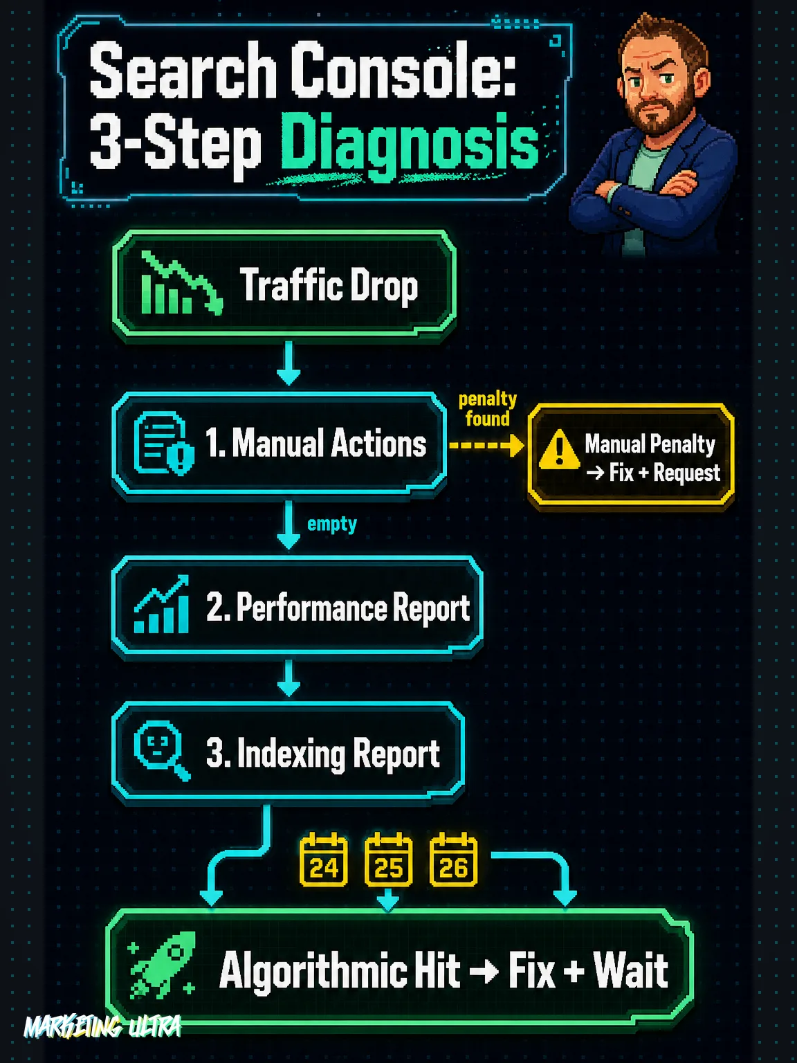 Vertical flow diagram showing three Search Console diagnostic steps — Manual Actions, Performance Report, Indexing Report — branching into two outcomes: manual penalty with reconsideration request, or algorithmic hit requiring cleanup and waiting.