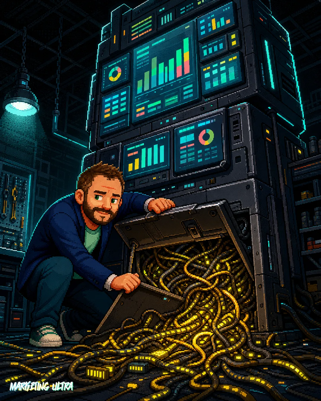 La mascota abre el panel inferior de una máquina de dashboards reluciente y descubre cables caóticos enredados bajo las pantallas perfectas.