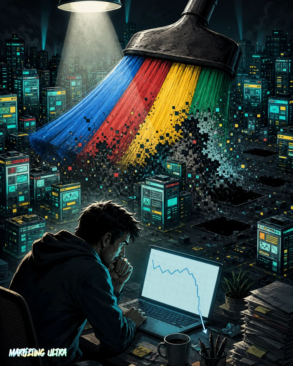 Editorial illustration of a webmaster slumped at a desk covered in AI-printed pages and bought-link folders, while a giant chrome robotic broom erases website-buildings from the digital skyline outside his window, leaving only one quality site standing in golden light.