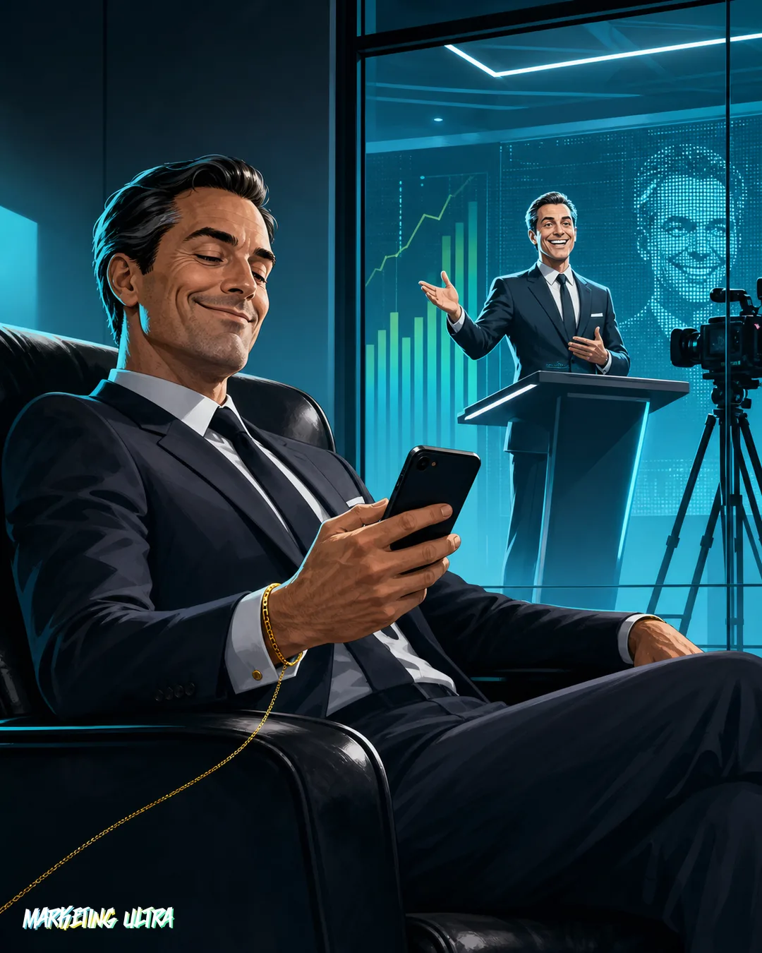 Ilustración editorial: un ejecutivo relajado en su sillón mirando el móvil mientras su clon digital al otro lado del cristal graba un vídeo corporativo con una sonrisa perfecta y una cadena dorada que lo une a la pared con el logo de Google.