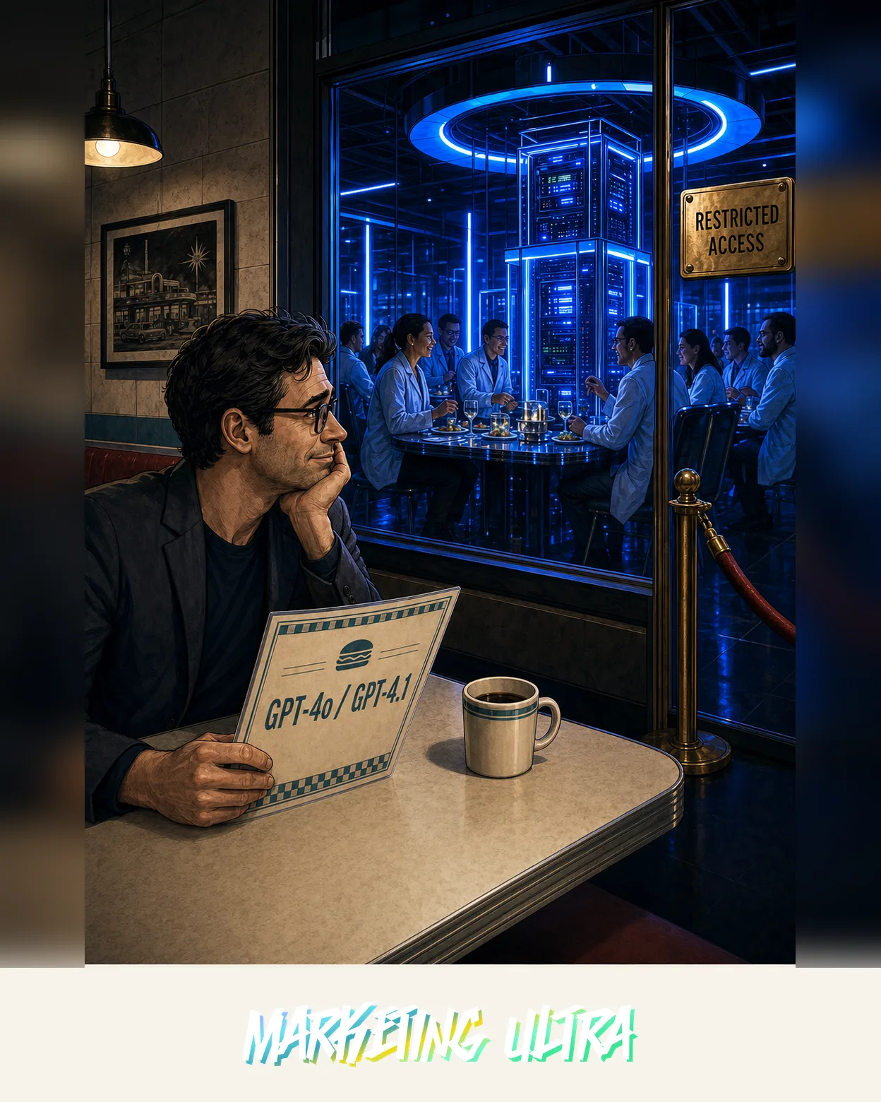 Un profesional del marketing observa a través de un cristal cómo programadores y científicos cenan en una sala exclusiva iluminada en azul, mientras él permanece fuera sujetando el menú de GPT-4o con una sonrisa resignada.