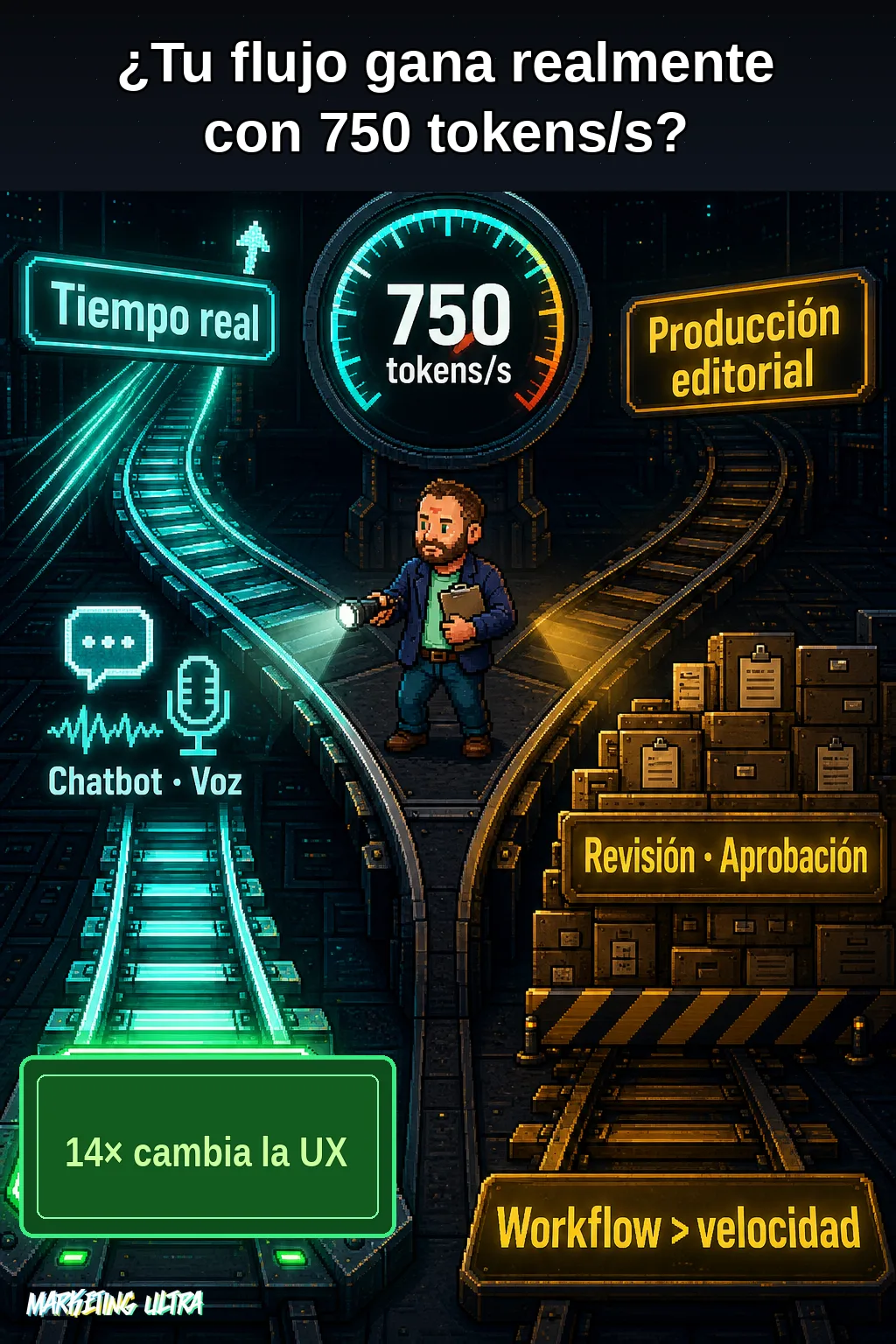 Bifurcación arcade: vía tiempo real acelera a 14×; vía editorial frena ante un muro de revisiones sin procesar.