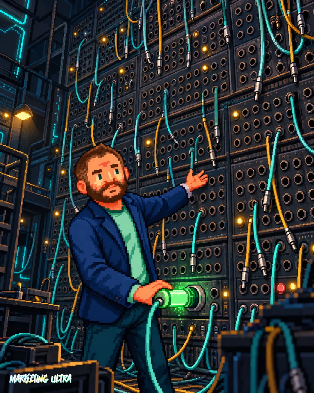 La mascota instala un pequeño módulo API brillante en un único puerto de un enorme panel telefónico vintage con cientos de cables sin conectar