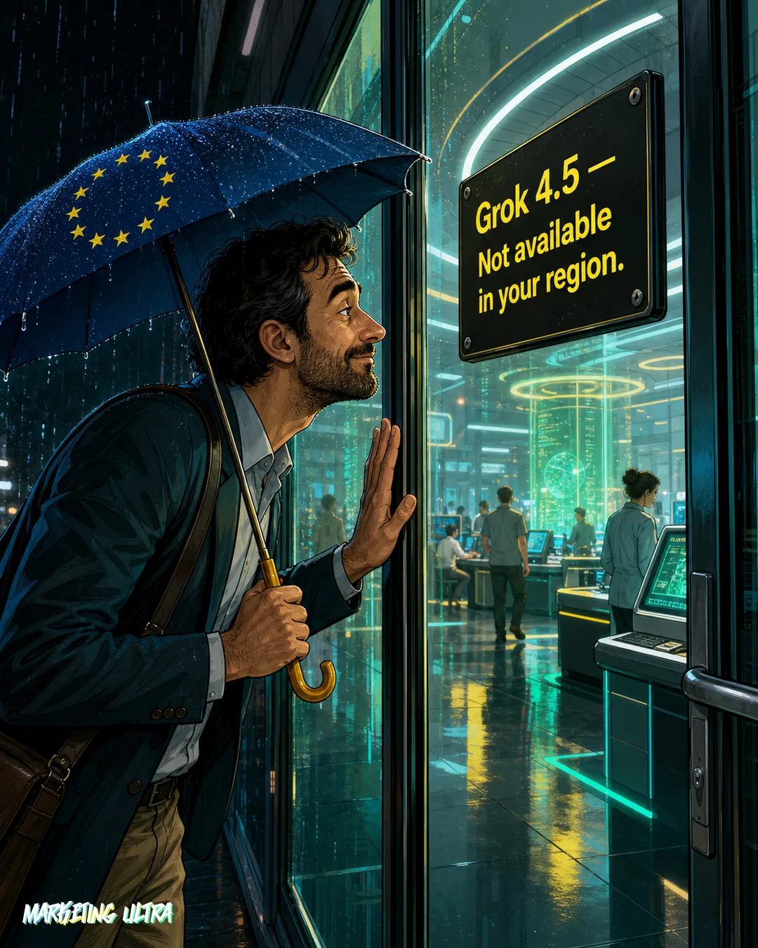 European marketing professional lit by a laptop screen showing a red 'Not Available in Your Region' banner, desk calendar circled with 'Mid-July?', competitor printouts scattered around, and a grey EU cityscape visible through the window.