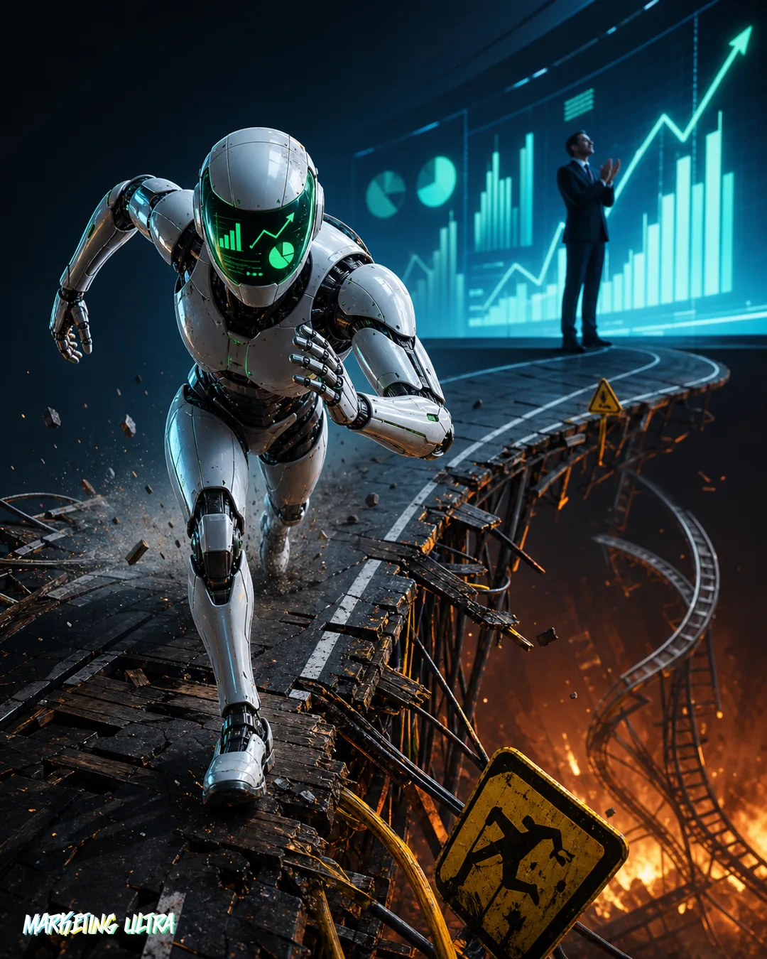 Ilustración editorial de un robot de IA corriendo a velocidad máxima con métricas perfectas mientras la pista bajo sus pies está rota y en llamas; al fondo, un ejecutivo aplaude mirando gráficas de ROI al alza sin ver el caos.