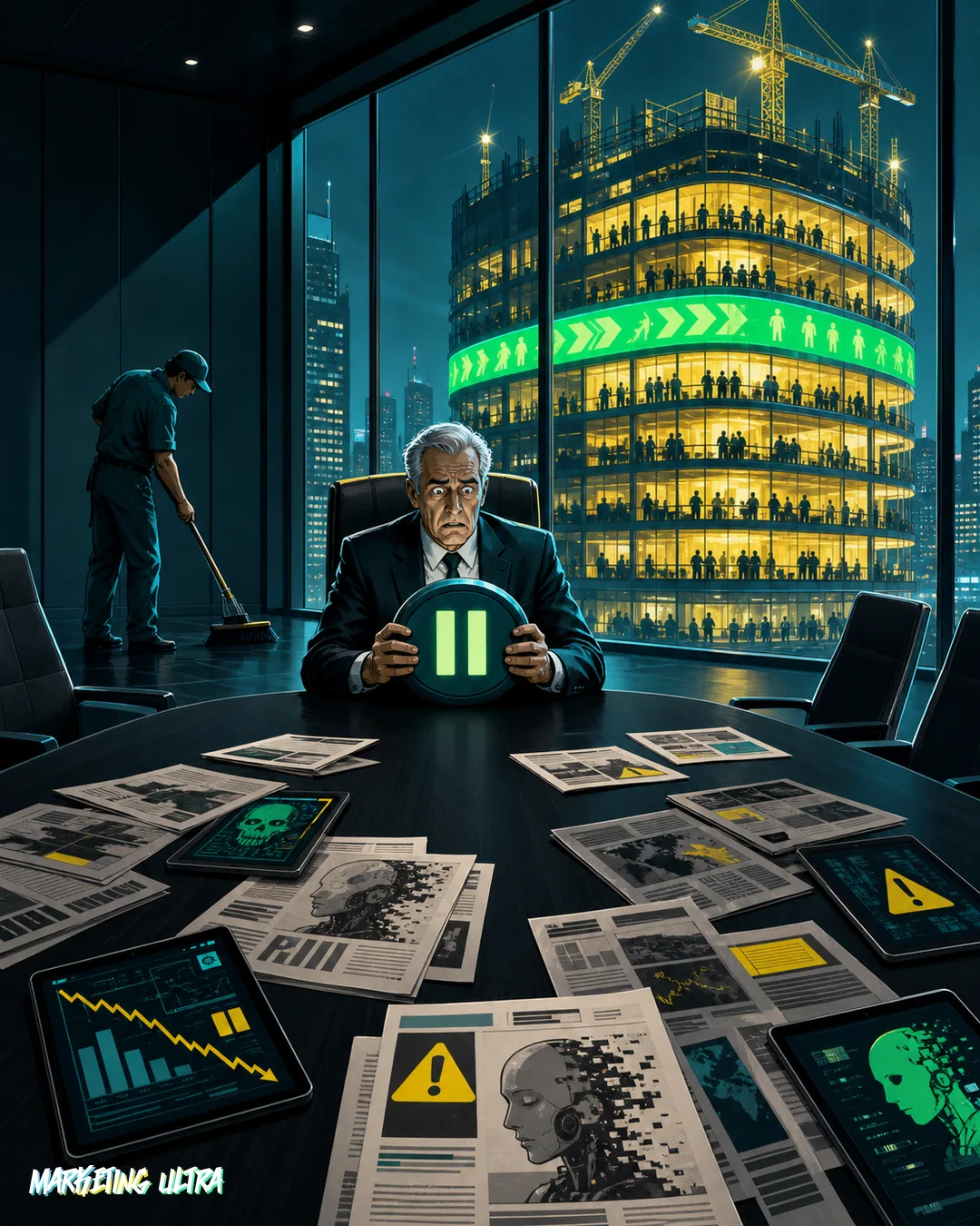 A smug suited executive stands arms-crossed on a slowly sinking 'Wait & See' platform, water at his knees, while AI-powered competitor ships sail confidently past and a rival skyscraper grows new floors in the background.