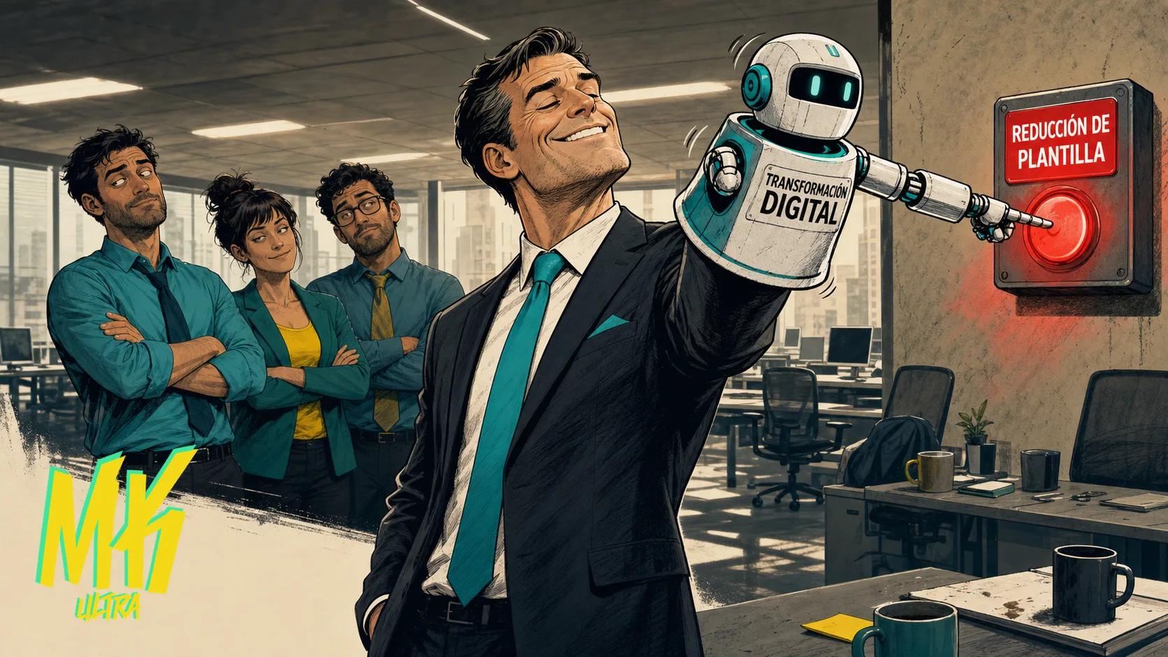 Directivo sostiene un títere robot llamado 'Transformación Digital' que pulsa un botón de recorte de plantilla, mientras el equipo superviviente le observa con los brazos cruzados y actualiza LinkedIn en silencio.
