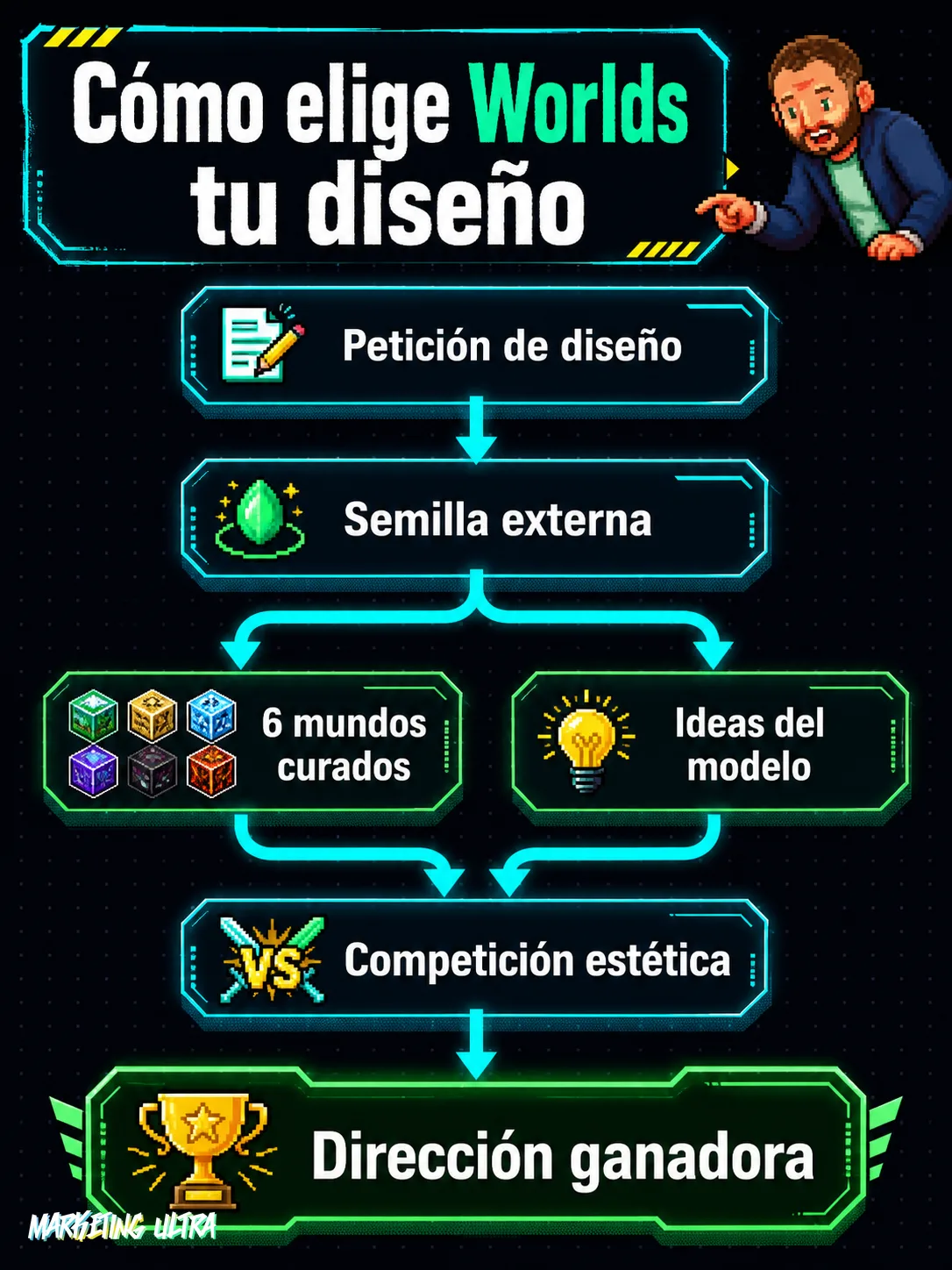 Diagrama de flujo del sistema Worlds de Impeccable 4.0: una semilla externa bifurca el proceso en 6 mundos curados y las propuestas del modelo, que compiten hasta elegir una única dirección ganadora.
