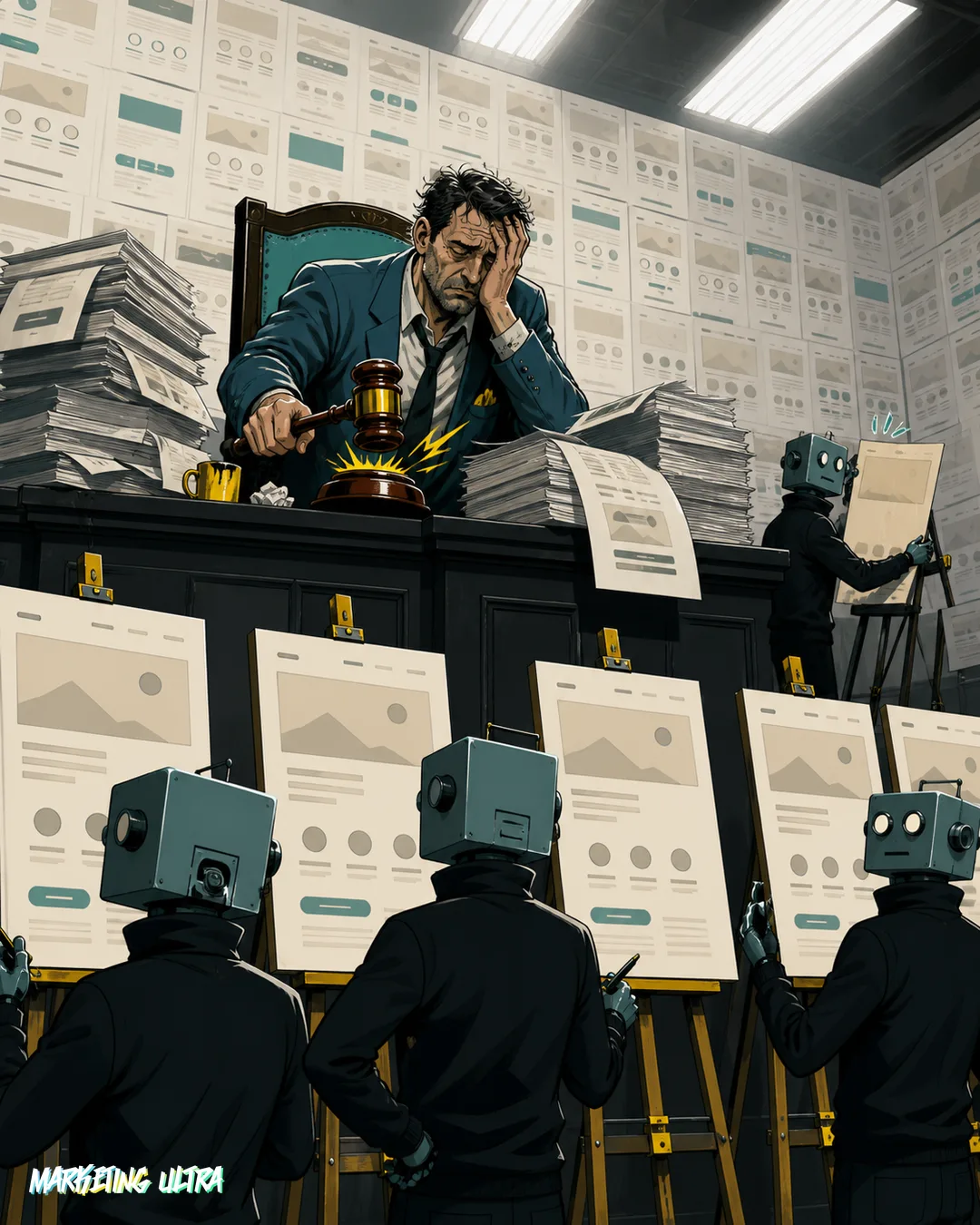 Panel de jurado irónico: seis robots con jerséis de cuello vuelto presentan webs casi idénticas ante un director de arte humano exhausto con mazo, rodeado de diseños genéricos de IA apilados hasta el techo.