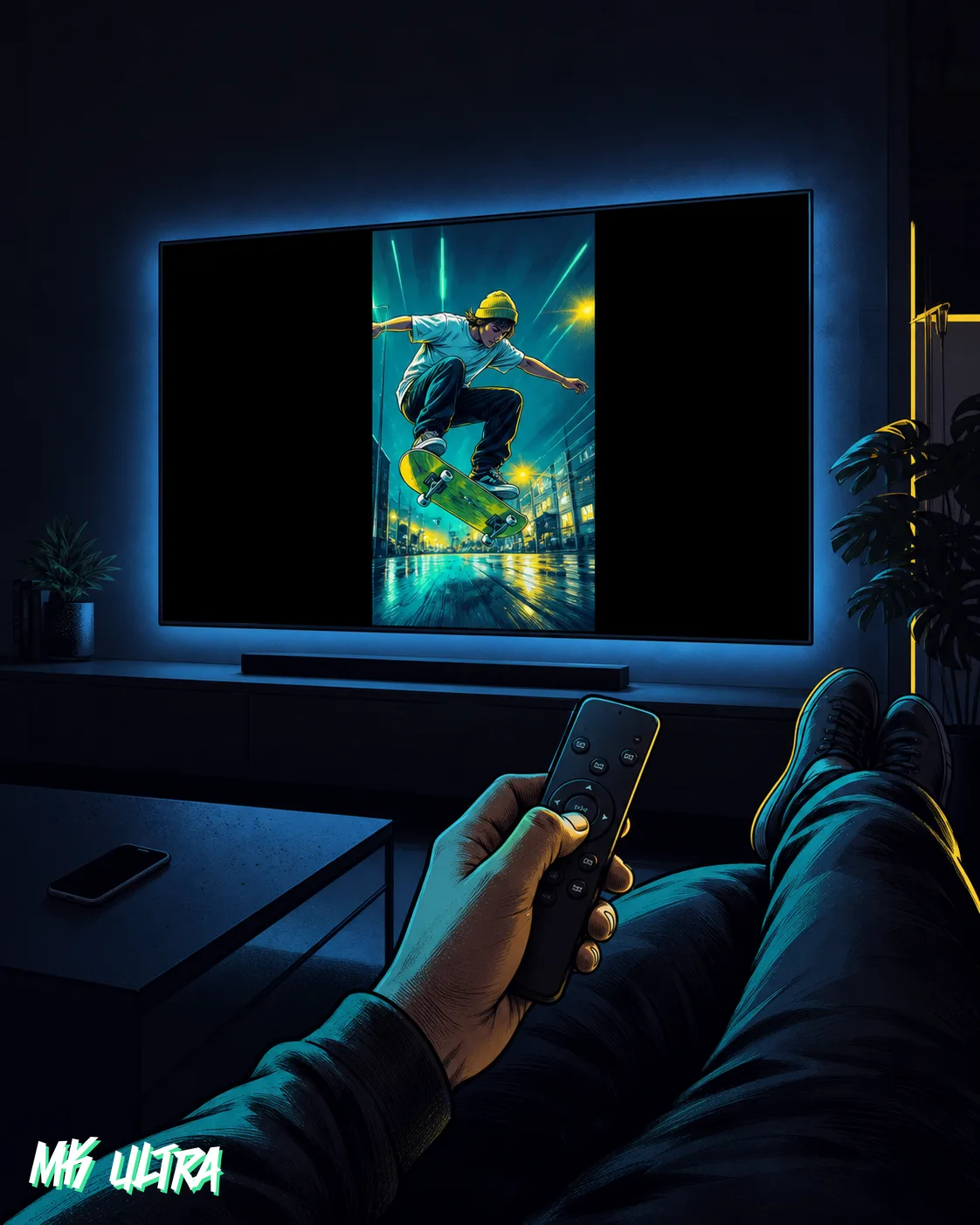 Salón de noche con un televisor de 55 pulgadas mostrando un Reel vertical de Instagram centrado en la pantalla ancha, un mando a distancia sostenido como si fuera un smartphone y el móvil olvidado boca abajo en la mesa.