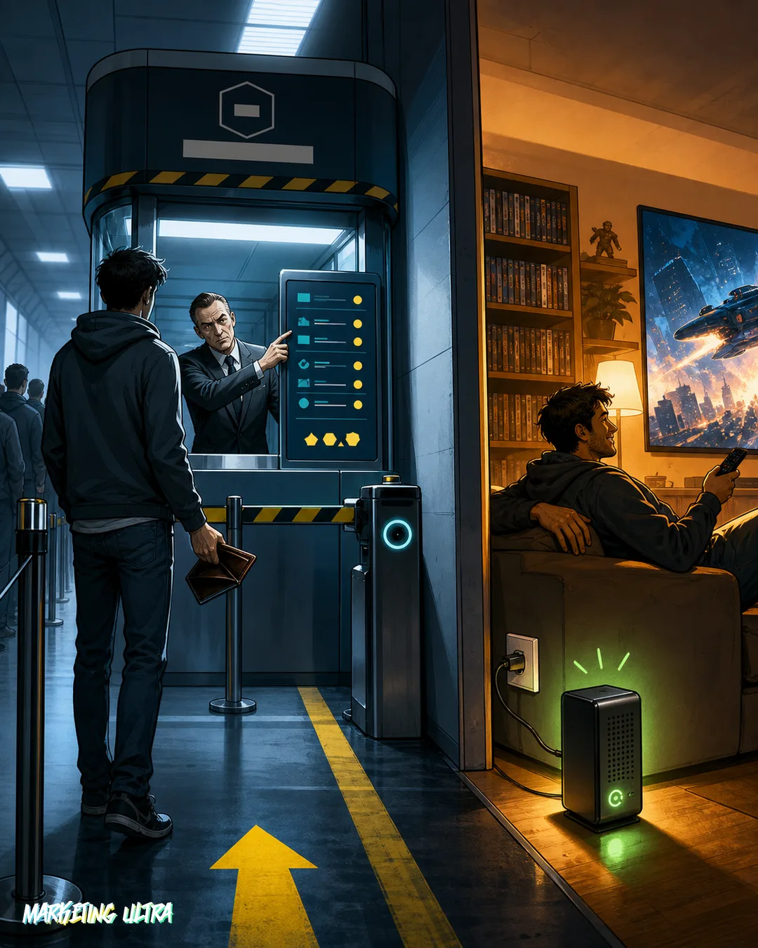 Ilustración satírica: ejecutivo de traje cobra en una taquilla 'PLEX' para acceder a la colección propia del usuario, mientras al lado alguien conecta un servidor casero y ve cine en 4K sin pasar por caja.