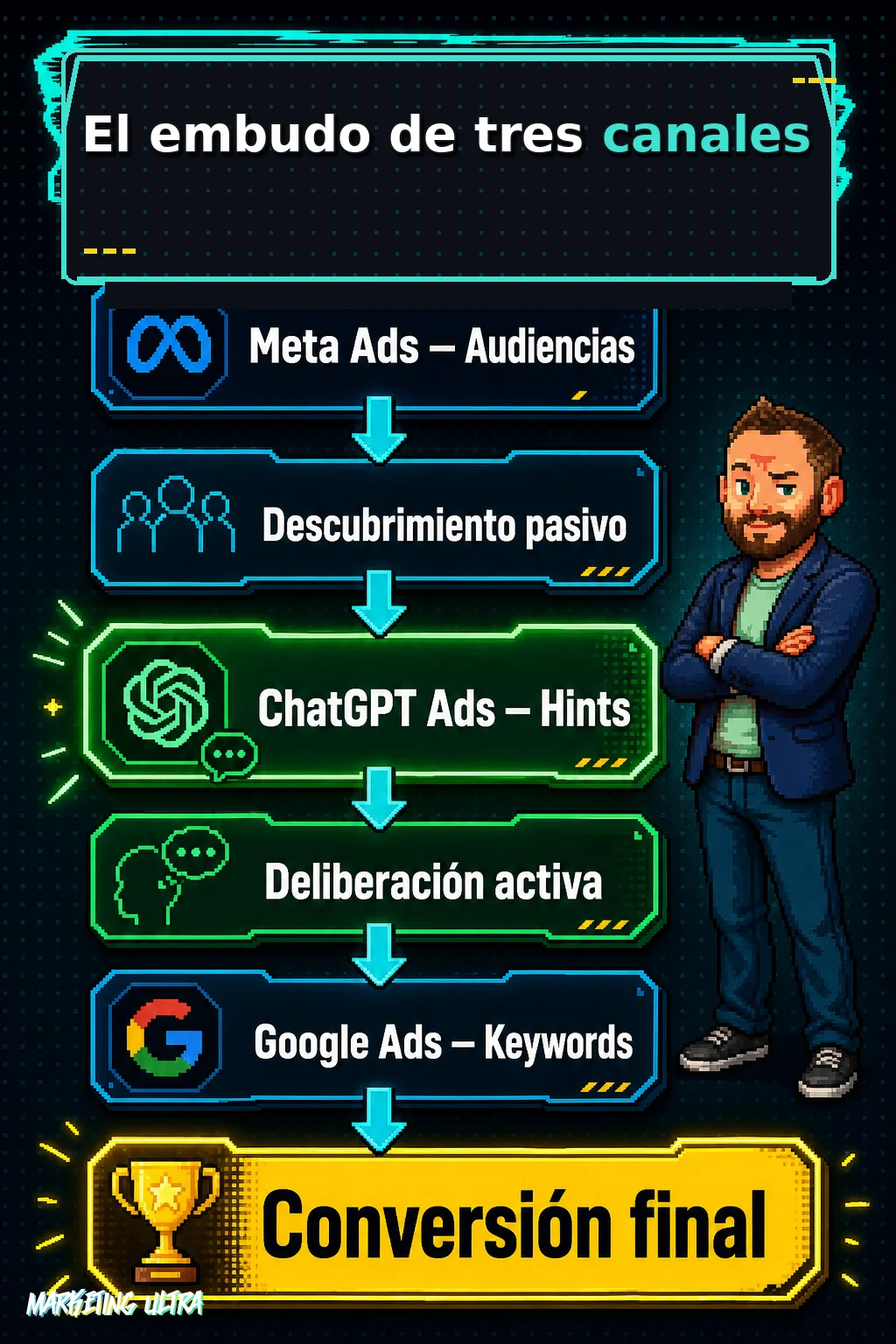 Diagrama de embudo vertical en tres etapas: Meta Ads genera descubrimiento pasivo mediante audiencias, ChatGPT Ads intercepta la deliberación activa mediante context hints, y Google Ads captura la conversión final con keywords.