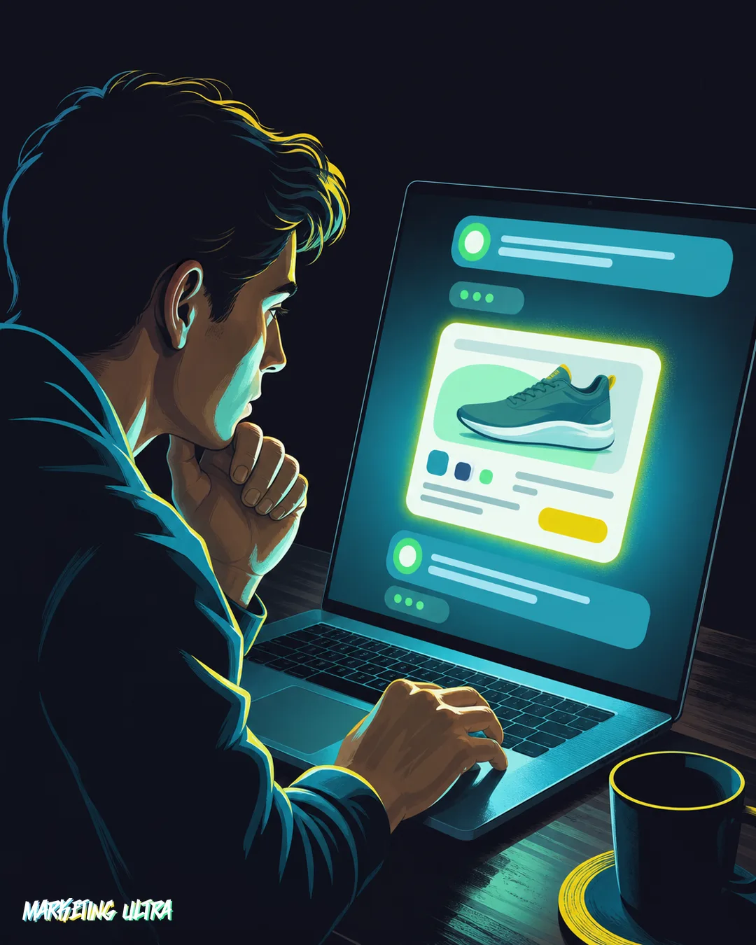 Editorial illustration of a person deep in a late-night AI chat session, a golden hook tagged 'Sponsored' descending silently from the glowing screen at the precise moment of maximum purchase deliberation, unnoticed.