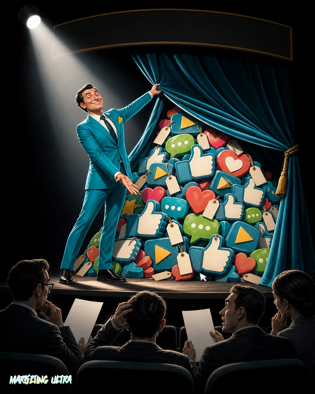 A cheerful Meta executive erases the old broad click definition — likes, shares, comments, video plays — from a whiteboard and writes 'destination clicks only' in its place, while behind him a screen shows a 40% metric drop and confused advertisers compare mismatched Analytics and Ads Manager numbers on their laptops.