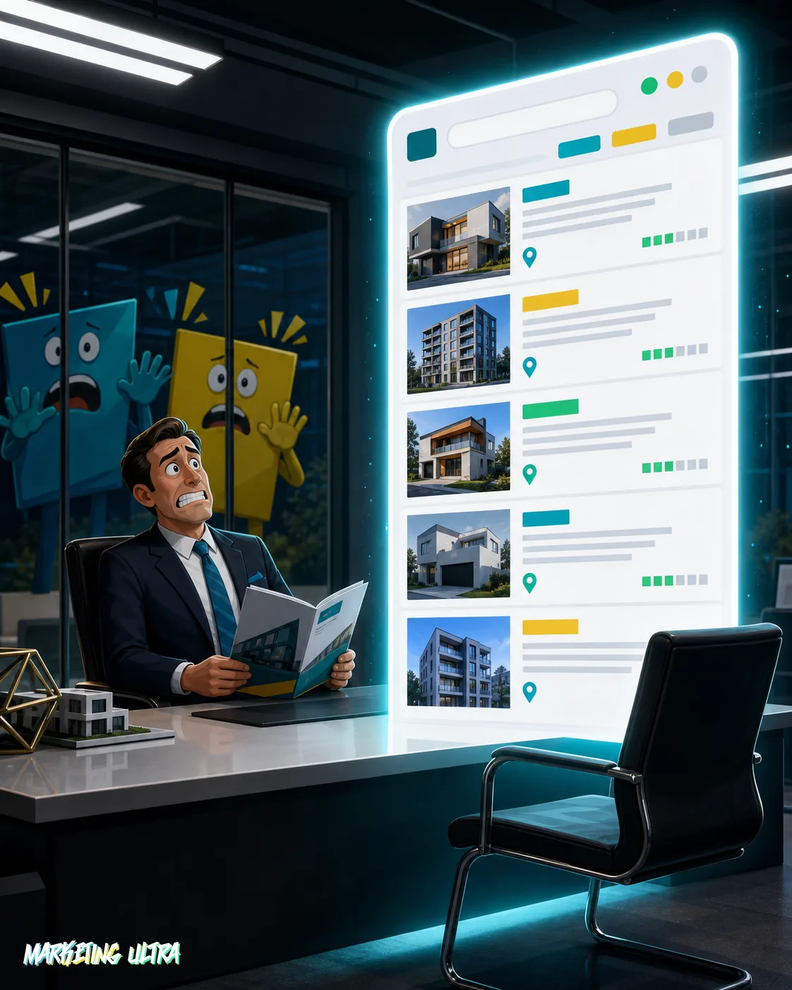 Agente inmobiliario con traje Zillow frente a su escritorio, mirando desconcertado una pantalla de resultados de Google que ocupa la silla del cliente y muestra propiedades directamente, dejándole sin intermediar nada.