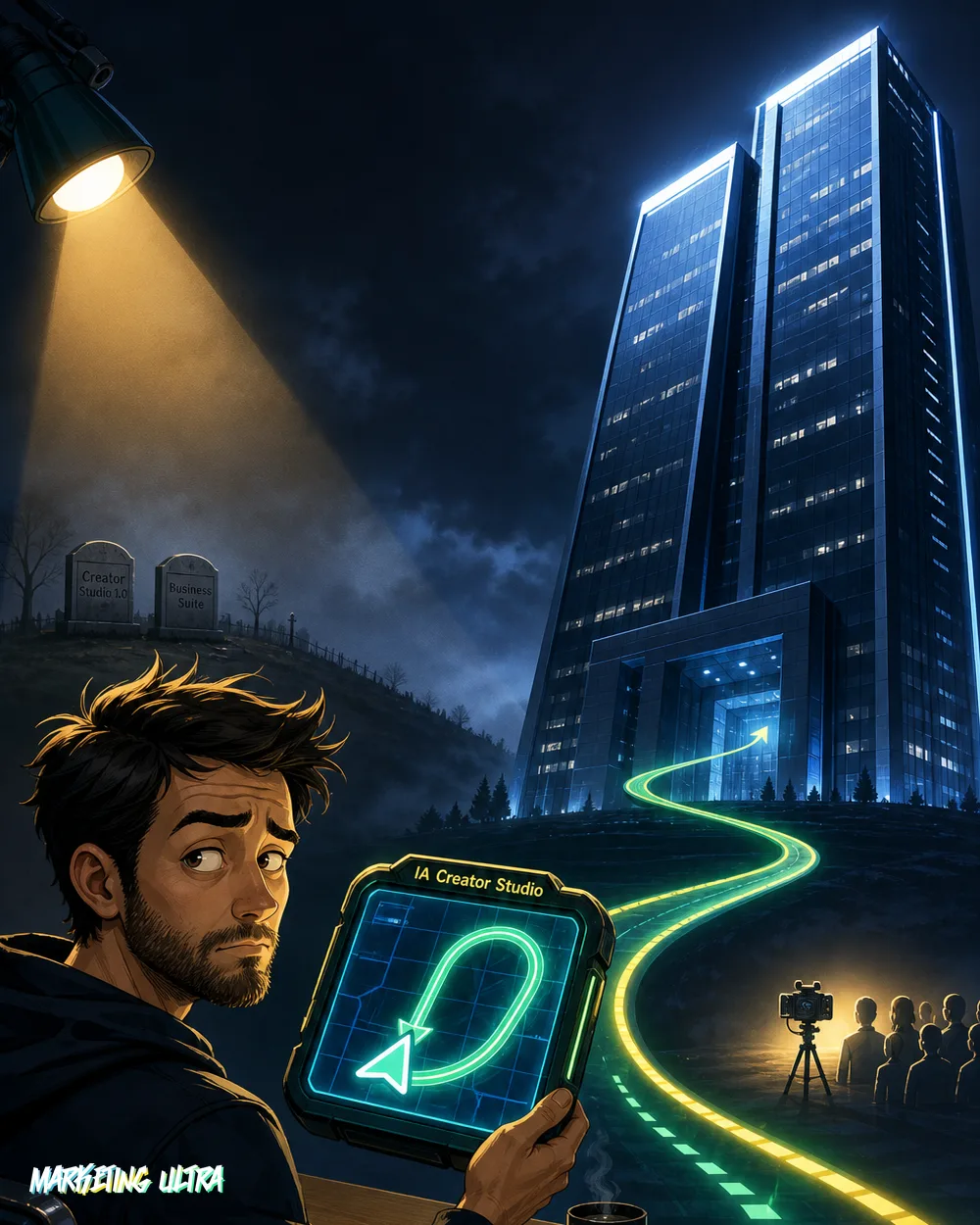 Satirical illustration of a tech executive fishing with an 'AI' lure to stop creators from swimming toward YouTube and TikTok, while rusted boxes of abandoned Meta products — Creator Studio 1.0, Business Suite — bob half-submerged behind him.