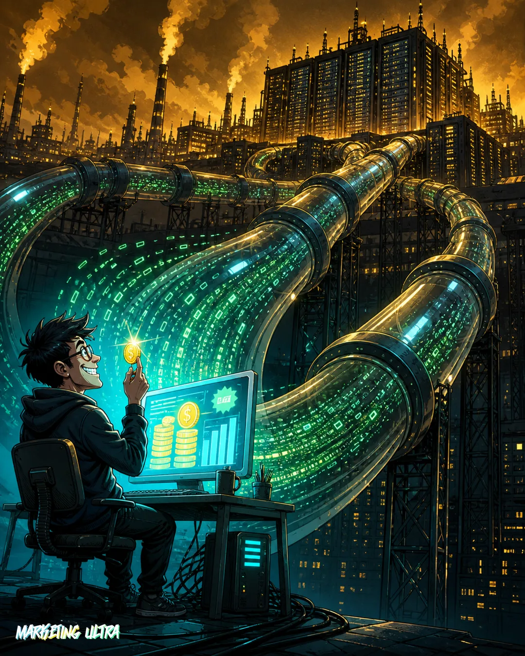 Desarrollador sujetando una moneda ante su terminal mientras tuberías gigantes extraen en silencio su código hacia un enorme centro de datos de Meta al fondo