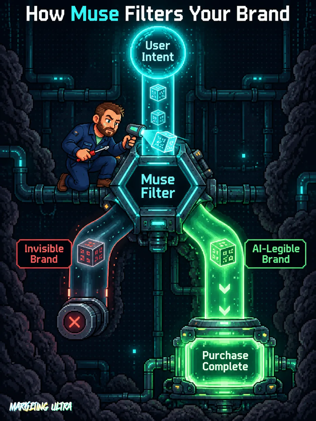 Pipeline: user intent enters, Muse gate filters brands; AI-legible brand reaches purchase capsule, invisible brand sealed in dead-end conduit