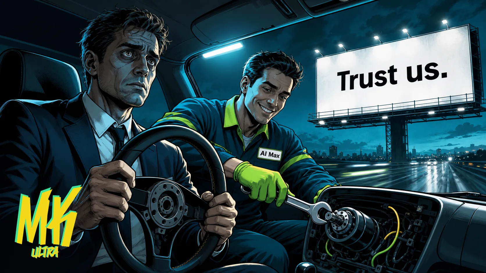Un marketer al volante de un coche en marcha mientras un técnico corporativo sonriente le retira el volante con una llave inglesa; al fondo un cartel de autopista dice 'Trust us'.