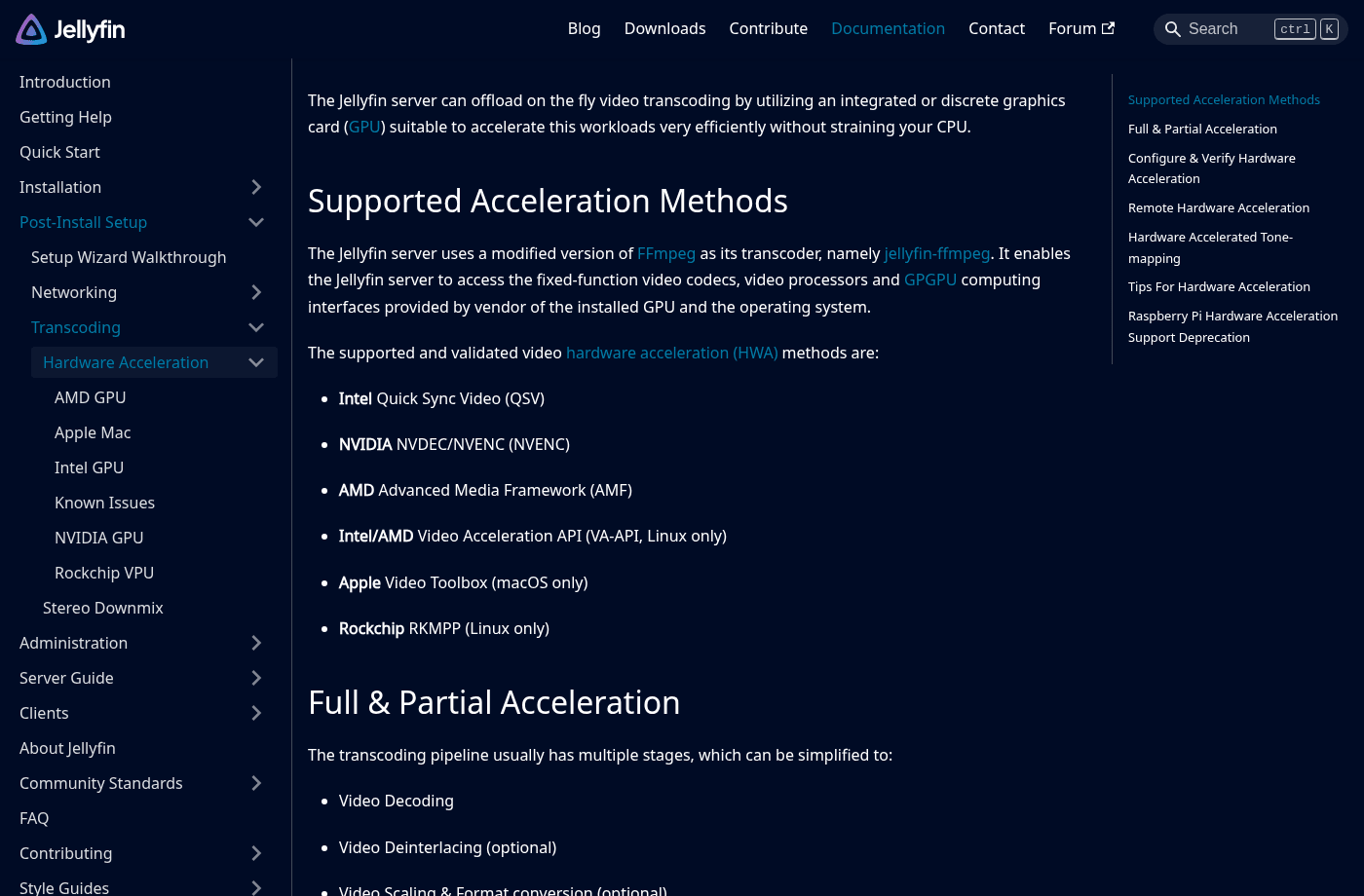 Documentación oficial de los métodos de aceleración de Jellyfin