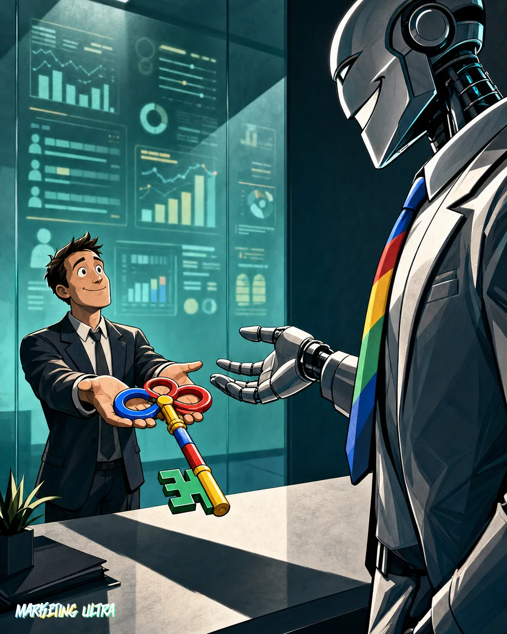 Empresario entregando una llave de colores de Google a un robot corporativo sonriente, mientras tras él, al otro lado de un cristal esmerilado, brillan paneles de control publicitario a los que no tiene acceso.