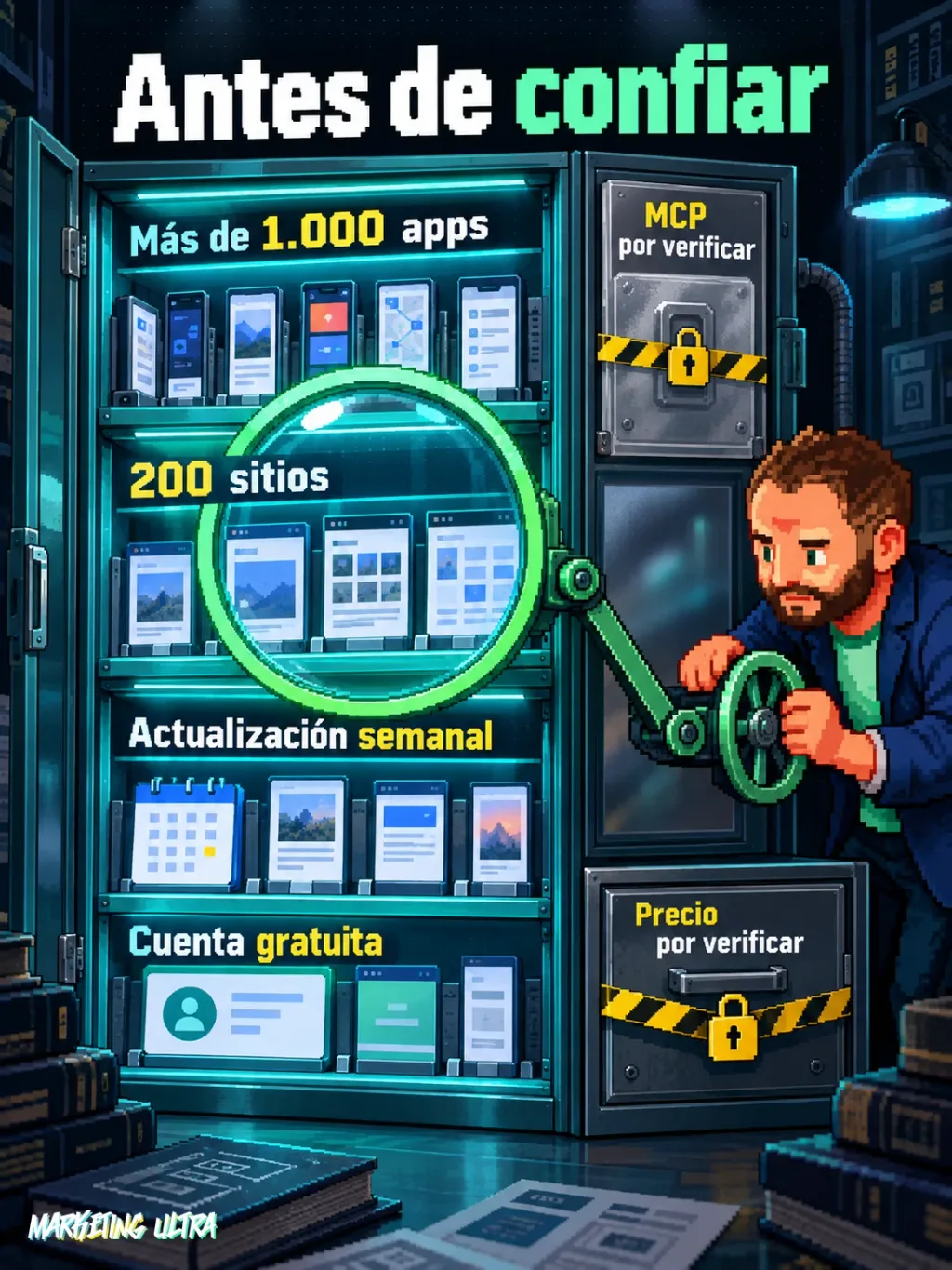 Mascota inspecciona un archivo de interfaces: catálogo verificado y cajones de precio y MCP sellados.