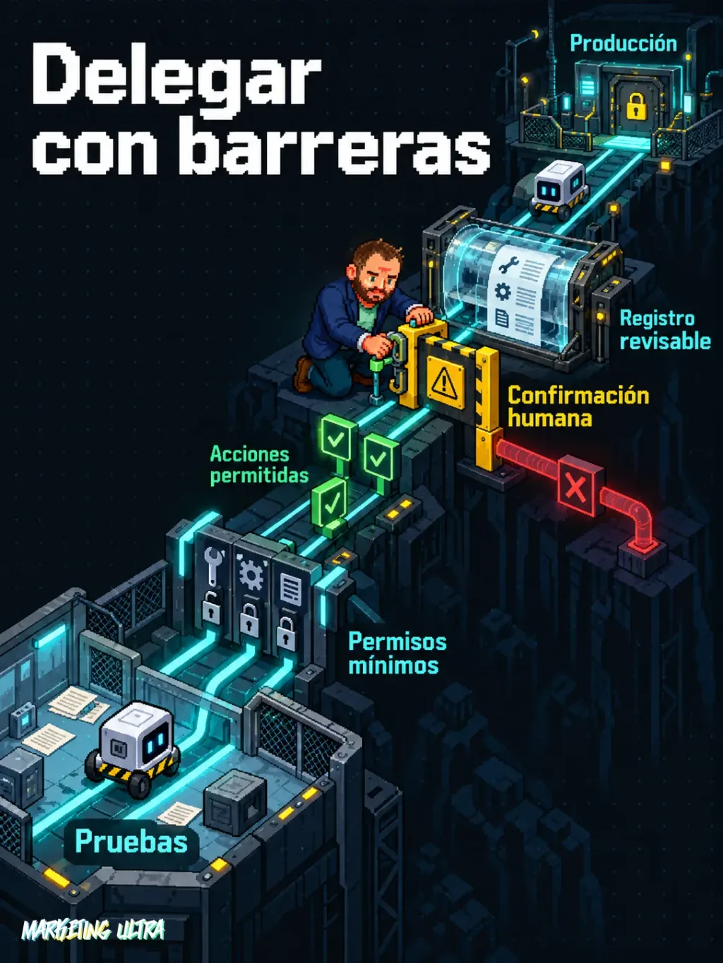 Mascota guía un agente por pruebas, permisos mínimos, aprobación humana y registro antes de producción.