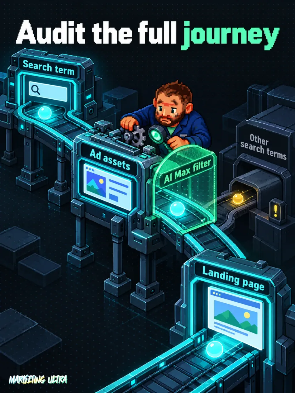 The mascot inspects a route linking search term, ad and landing page, with traffic hidden outside the filter.
