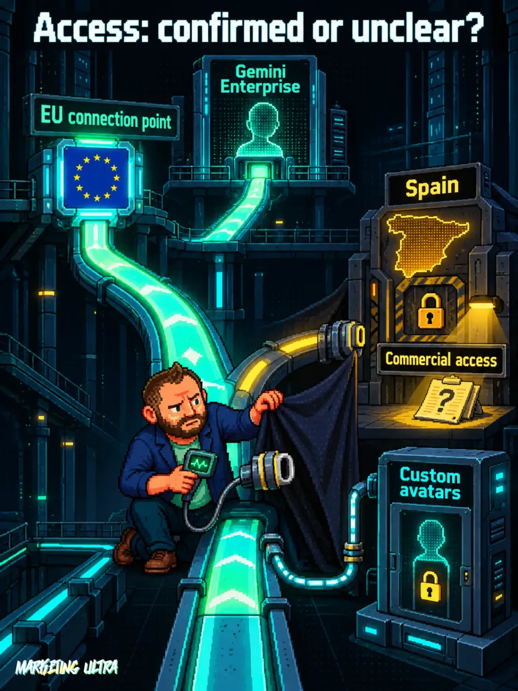 The mascot inspects an active EU route and a locked commercial-access gate for Spain.