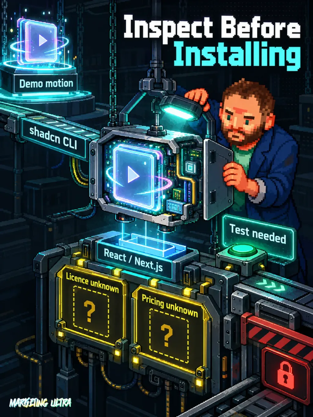 The mascot inspects an animated component before it moves from a demo into production, blocked by unverified licence and pricing.