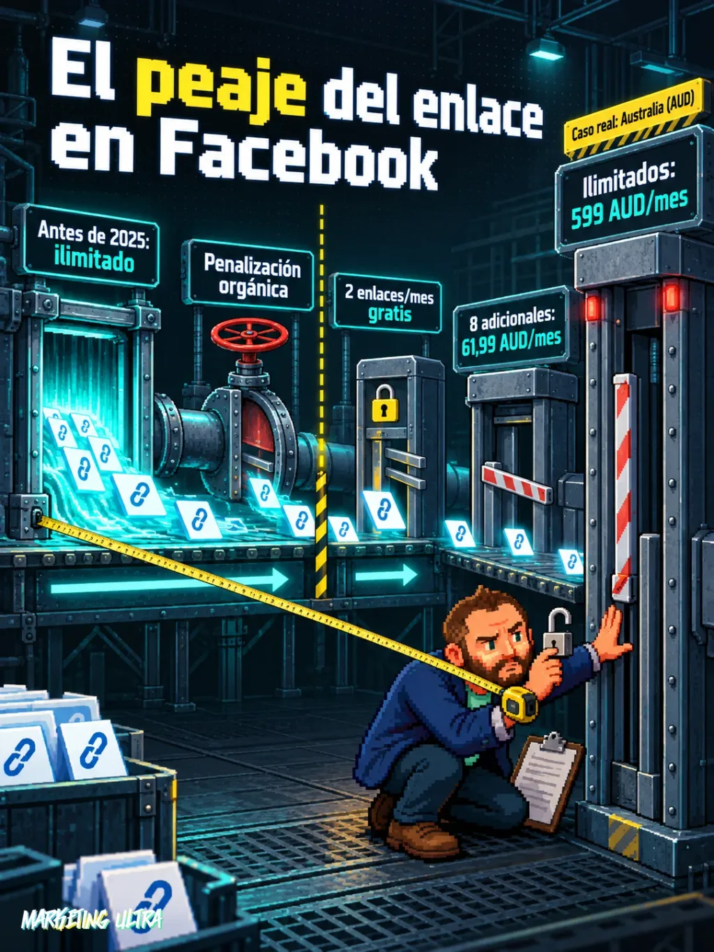 Línea de tiempo industrial que muestra cómo Facebook pasó de enlaces externos ilimitados y gratuitos a un peaje progresivo de pago por niveles de Meta One