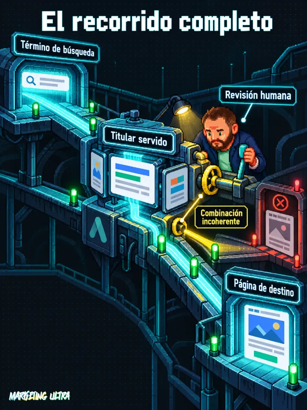 Mascota inspecciona un recorrido que une término de búsqueda, titular y página de destino, con un desvío incoherente.