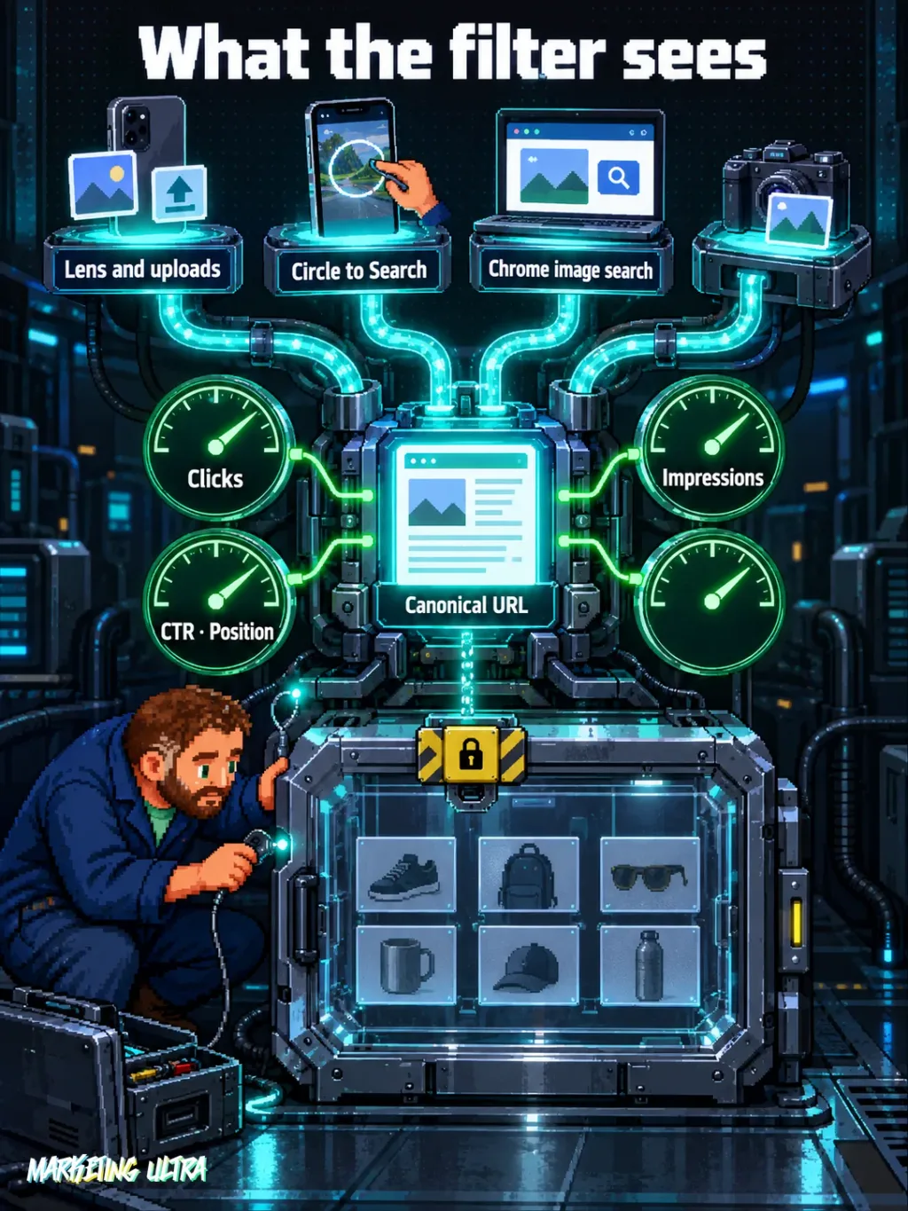 Mascot inspects a scanner where visual searches aggregate into one canonical URL with metrics, not individual photos.