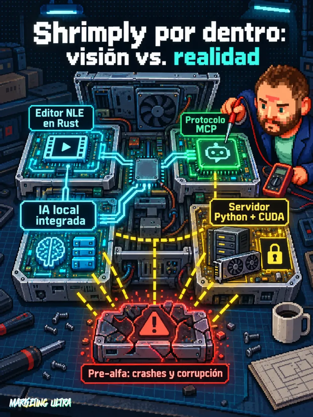 Diagrama de inspección de Shrimply: módulos NLE, IA local y MCP sobre banco pixelado; zona pre-alfa con alertas amarillas en la base.