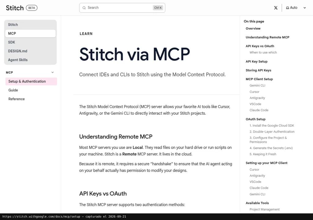 Página de configuración de Stitch MCP en la documentación de Google