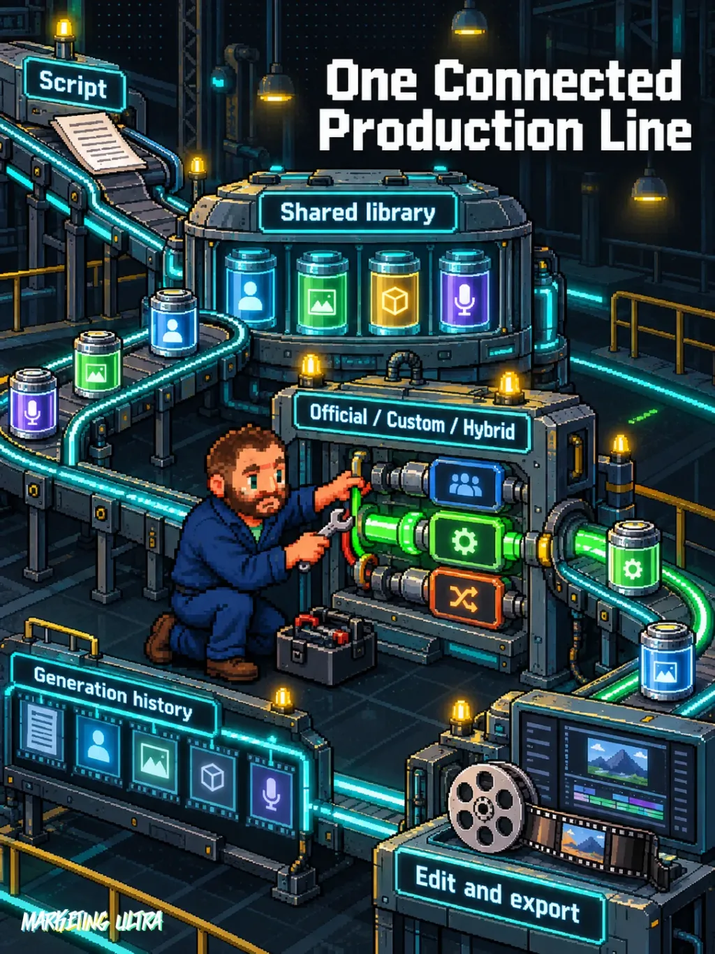 Mascot directs a production line connecting script, shared library, providers, and editing.