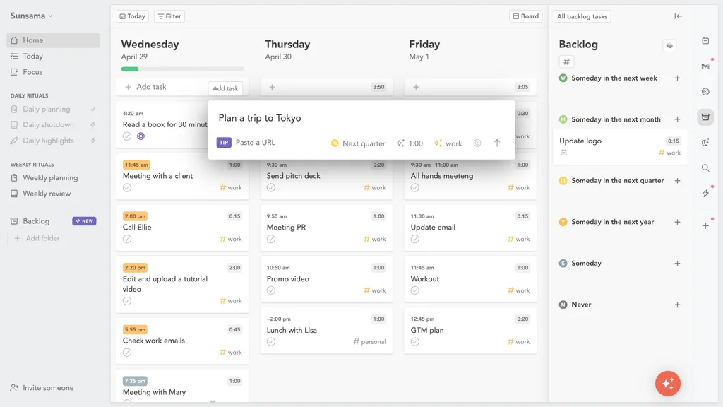 Pantalla de Sunsama en Refero con tareas del día y un backlog lateral