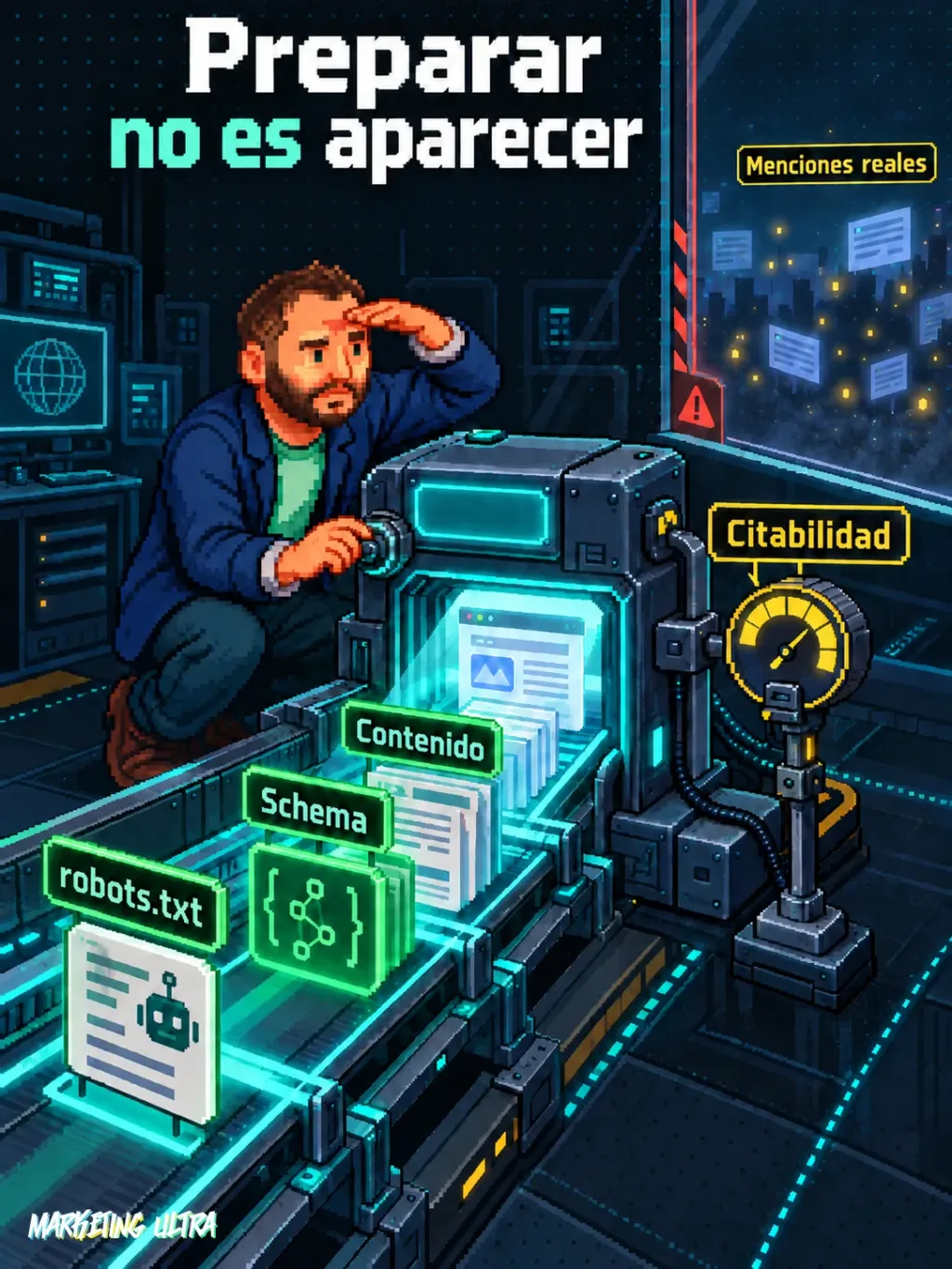 Mascota calibra un escáner GEO que revisa una web; las menciones reales de IA quedan tras un cristal.