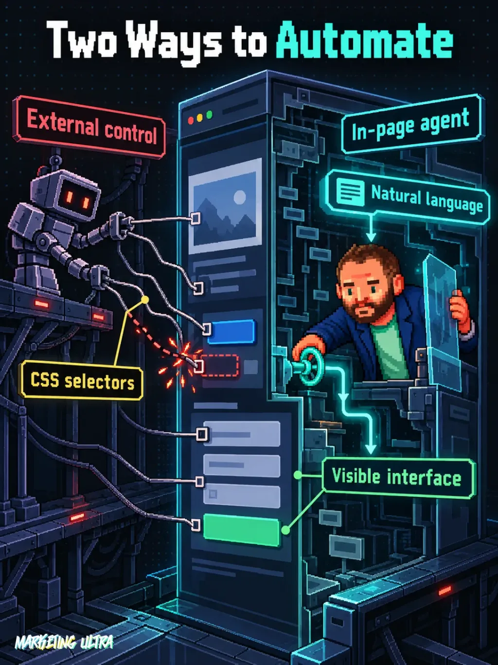 Two routes automate a webpage: brittle external selectors versus an agent inside the DOM following the visible interface.